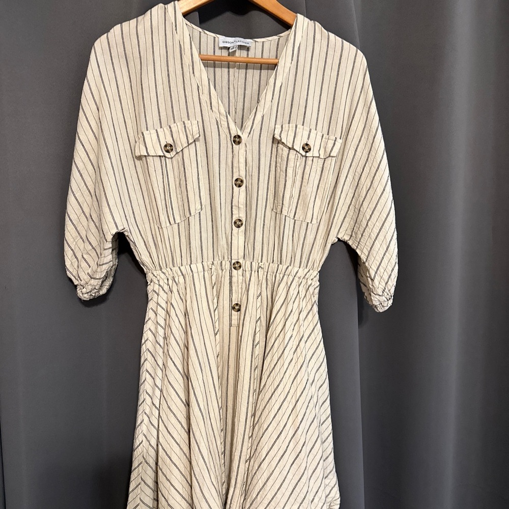 Cute cream linen dress with black pin stripes